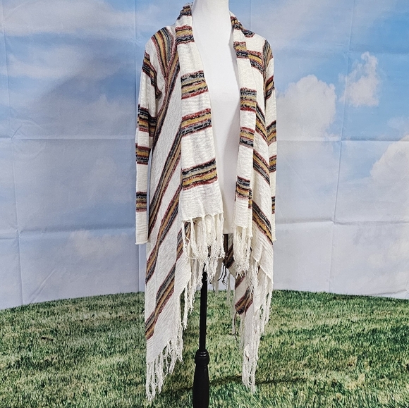 ESCIO | WATERFALL FRONT, FRINGE BOTTOM STRIPED LIGHTWEIGHT CARDIGAN - Picture 9 of 16
